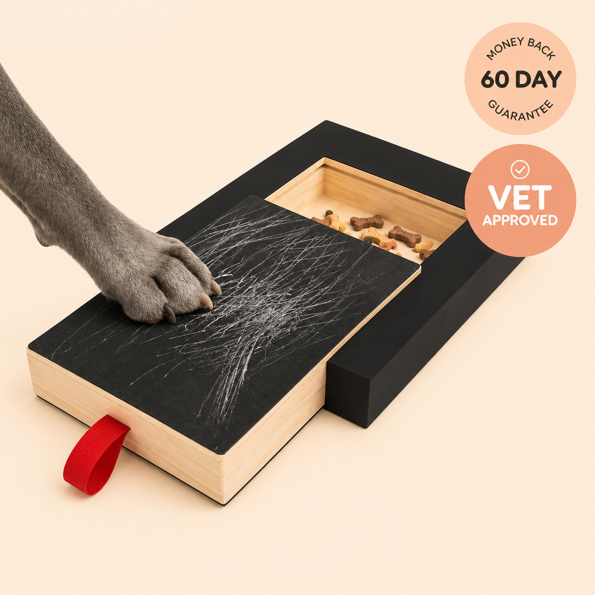Dog paw scratching ScratchCalm board to reveal the hidden treat drawer